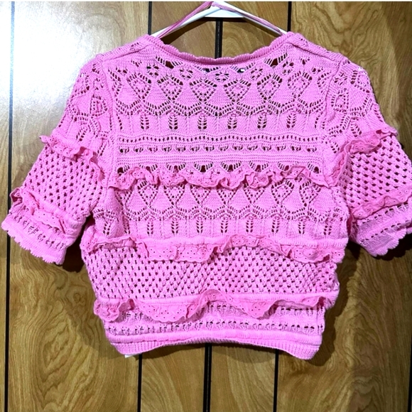 (S)🆕️🚨🎀Zara Pretty In Pink🎀🚨 Frilly Crochet Knit Crop Cardigan Ptp18"×L17" - Picture 6 of 7